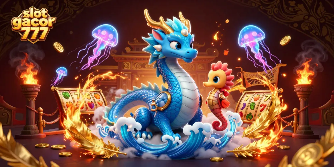 Engage with slot gacor 777 featuring an azure water dragon, coral knight, and glowing jellyfish in a vibrant 3D slot scene.