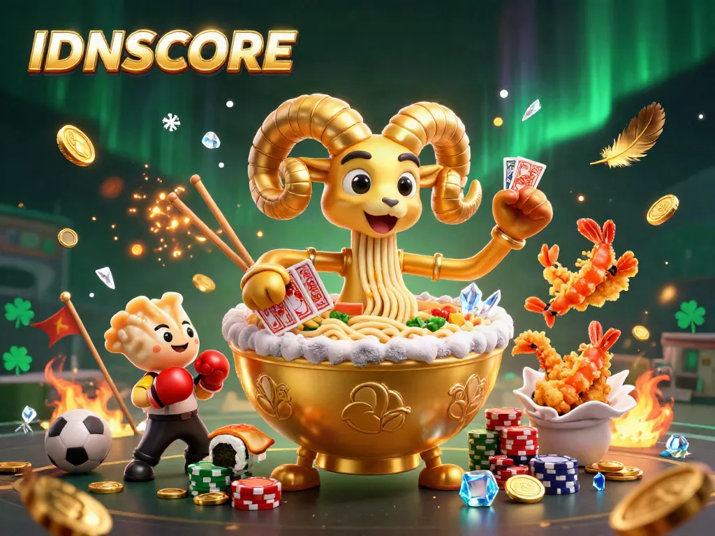 Win with IDNSCORE in this vibrant casino scene featuring quirky characters in a sports betting theme.
