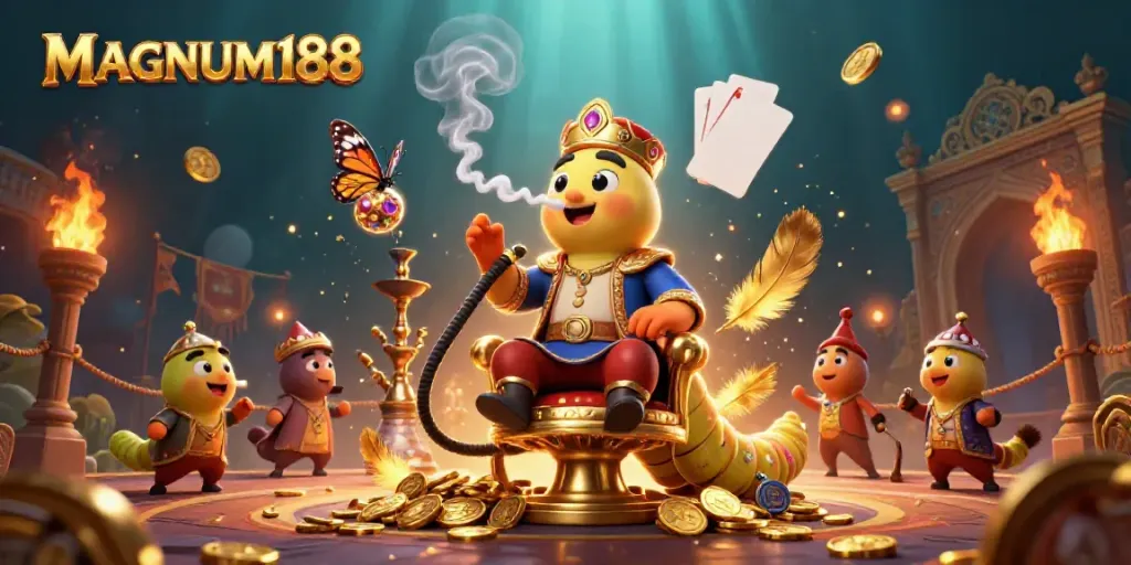 Experience thrilling jackpots with MAGNUM188, featuring a whimsical caterpillar in a vibrant casino scene.