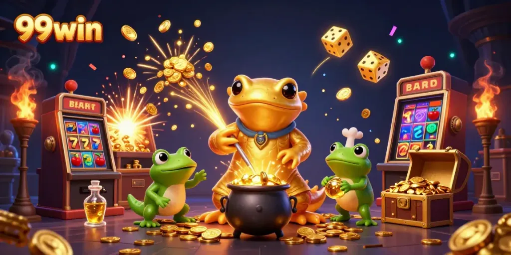 Engaging scene at 99win with a golden alchemist transforming metals into coins, surrounded by slot machines and golden treasures.