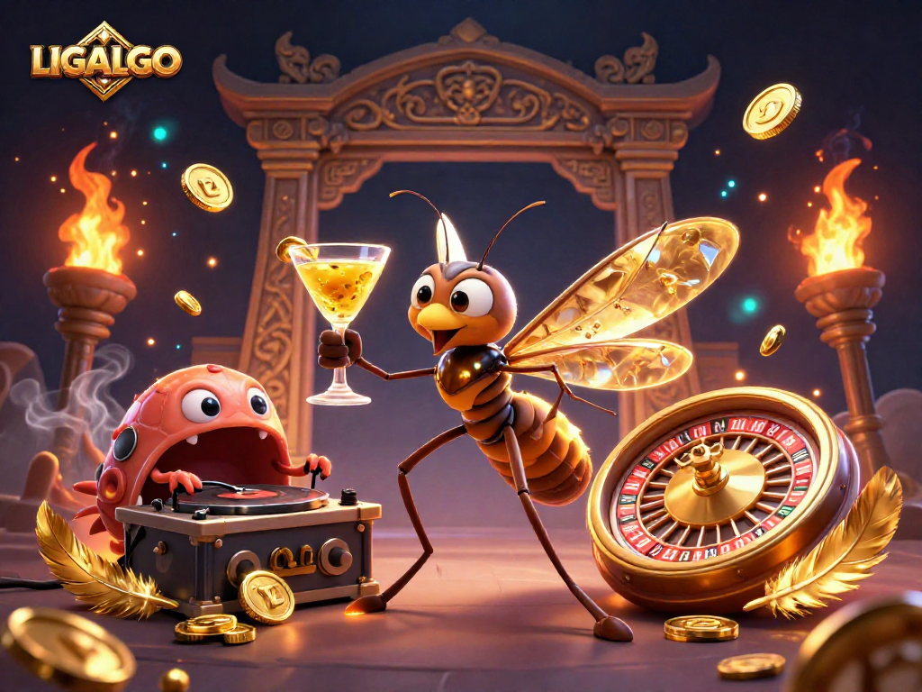 LIGALGO casino mascot welcomes players to a vibrant scene of 3D mascots, golden roulette, and lively gambling elements.