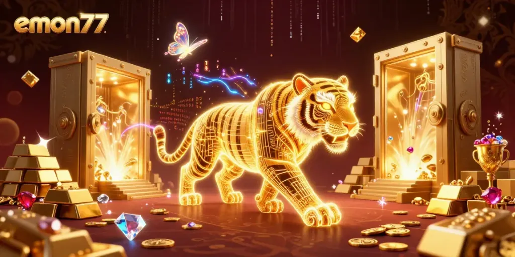 Experience the vibrant emon77 casino world with a neon tiger and treasures bursting with riches.