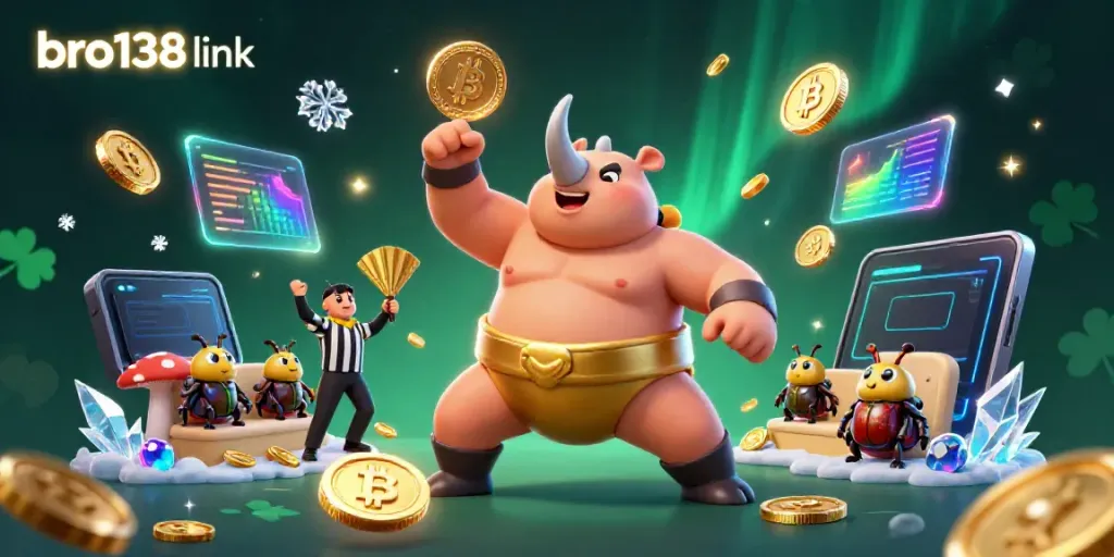 Experience thrilling gameplay with the bro138 link featuring a vibrant beetle sumo match surrounded by crypto coins.