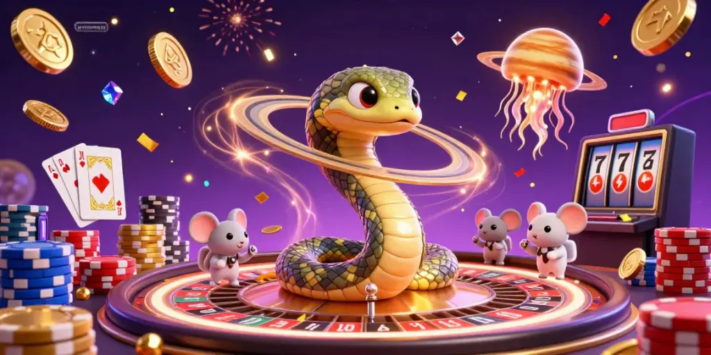 Experience thrilling gaming action with MASTERSPIN188 as tiny astronaut mice bet on a vibrant roulette wheel in a cosmic casino scene.