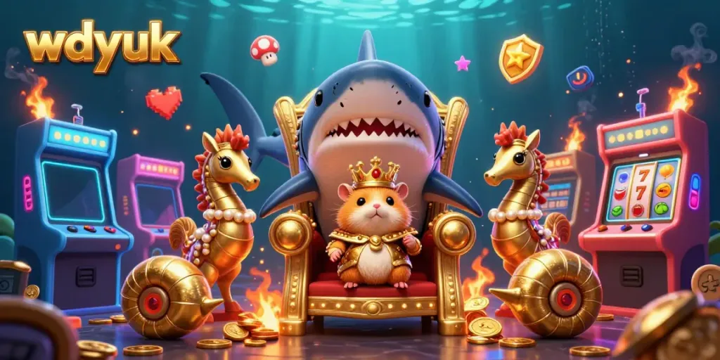 Engage with wdyuk through a captivating 3D casino-themed scene featuring vibrant characters and gaming elements.