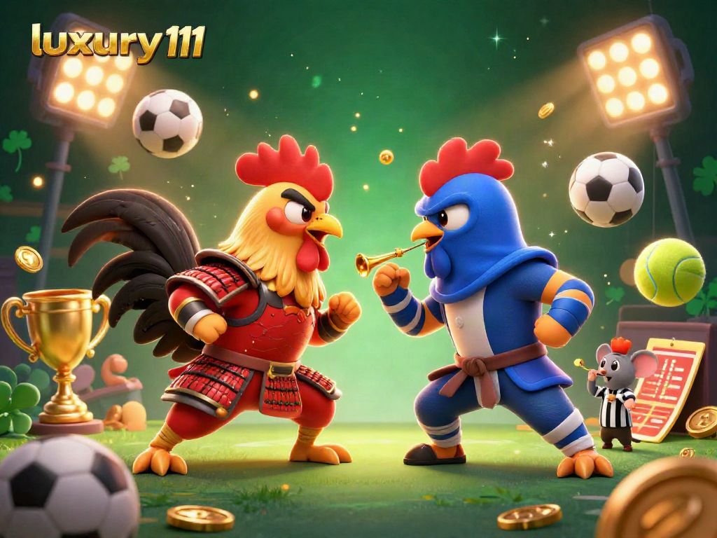 Experience the excitement of luxury111 with a vibrant showdown of battling cartoon roosters in a dynamic casino scene.