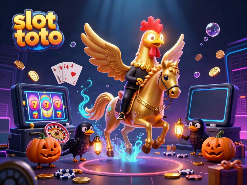 Experience slot toto action with a golden rooster and friends in an enchanting casino.