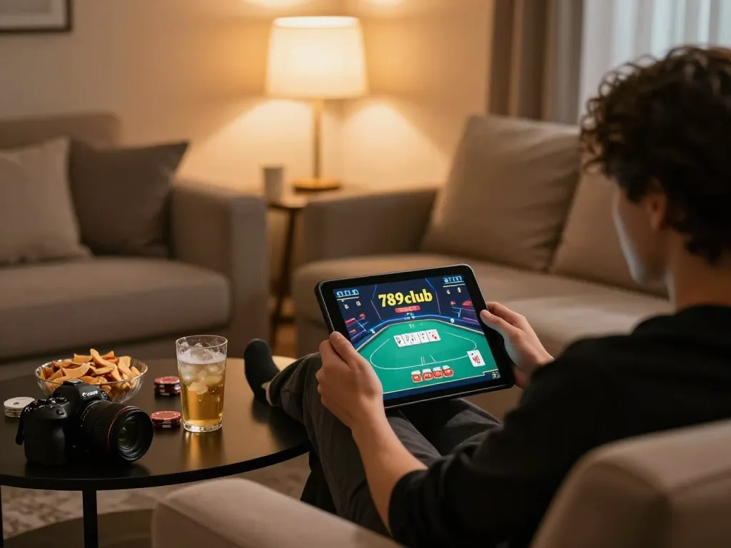 Enjoying online poker at 789club from a cozy home setting with tablet and refreshments.