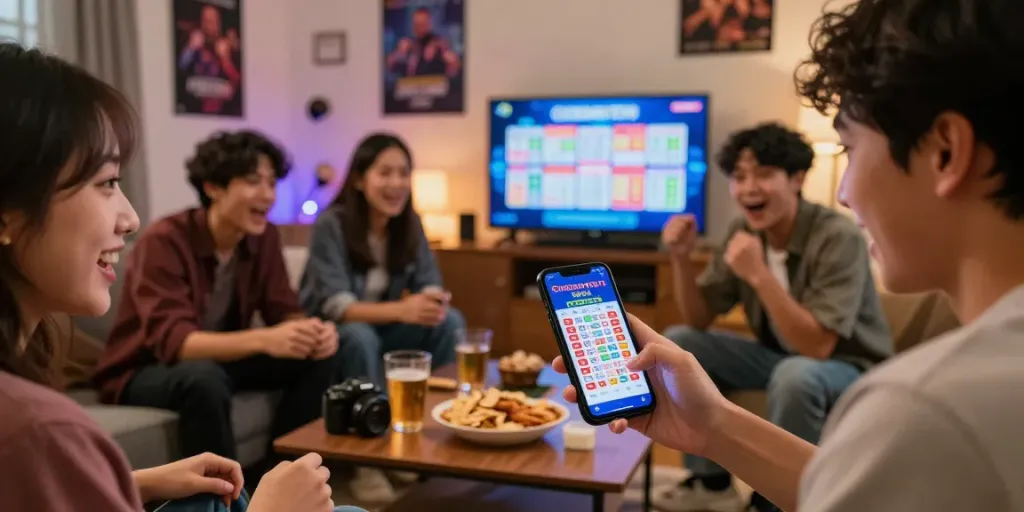 Pengguna Cirebontoto sedang bertaruh di smartphone dengan suasana ramai di dalam ruangan.