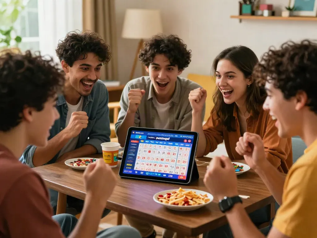 Teman-teman bersenang-senang bermain togel online dewitogel di ruang tamu yang ceria.