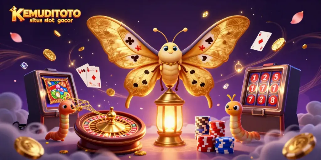 KEMUDITOTO situs slot gacor menampilkan ilustrasi menarik dengan gameplay slot berwarna-warni dan elemen kasino.