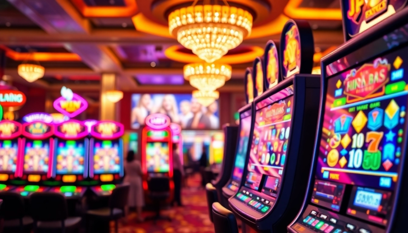Slot machines berwarna cerah dengan pemain bersenang-senang di kasino.