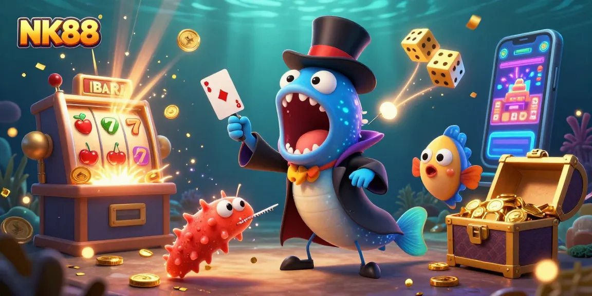 Experience thrilling jackpots at NK88's vibrant underwater casino with magical characters.