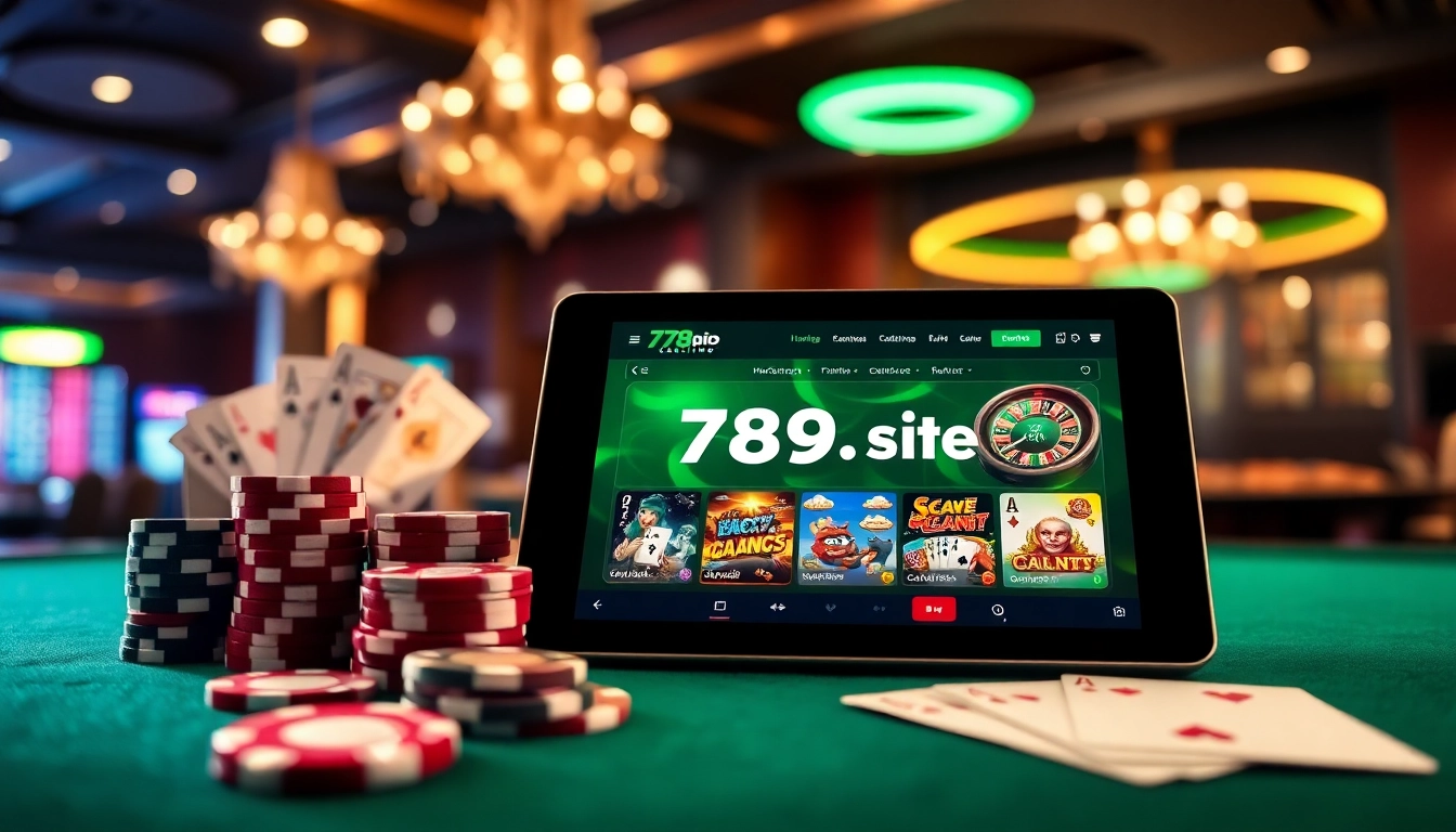 Online gamblers enjoying various games at https://789f.site/ with vibrant tables, chips, and cards.