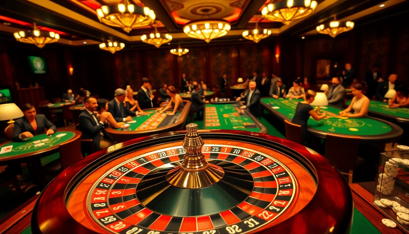 Permainan oja89 di kasino yang menampilkan roda roulette yang dinamis dan pemain terlibat.
