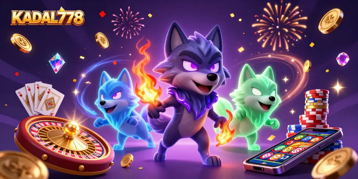 Experience KADAL778's vibrant gaming scene with wolves, coins, and sparkling casino elements.