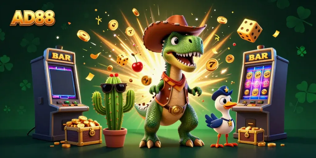 Experience the energetic world of AD88 with a colorful, dynamic casino scene featuring a cowboy dinosaur and friends.