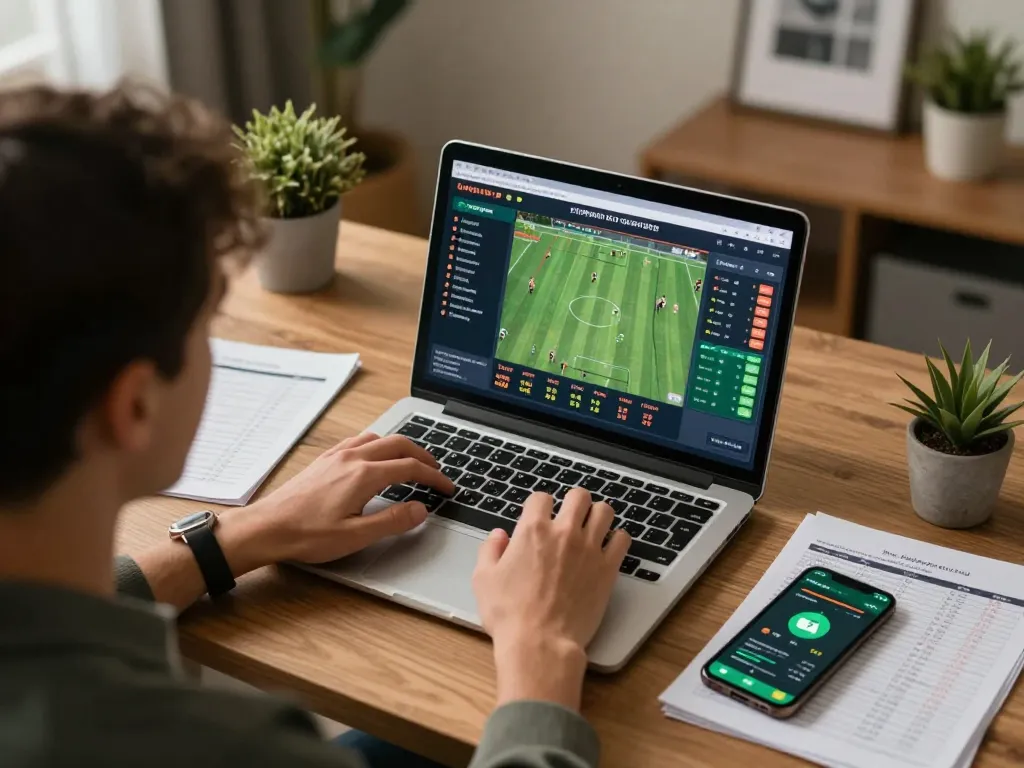 bayitoto user placing strategic bets at home with laptop and smartphone in engaging sports betting setup