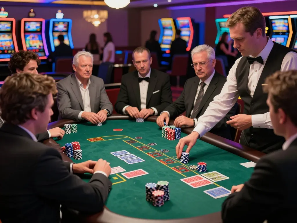 Players strategizing at a blackjack table in a bustling casino environment on Rikvip, showcasing an engaging gaming experience.