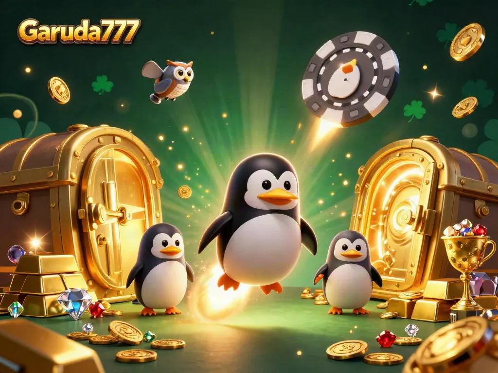 permainan slot seru dengan Garuda777 menampilkan penguin emas dan harta karun melimpah