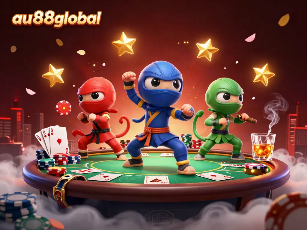 Experience the excitement of gaming action with au88global's vibrant poker scene showcasing colorful chameleons.