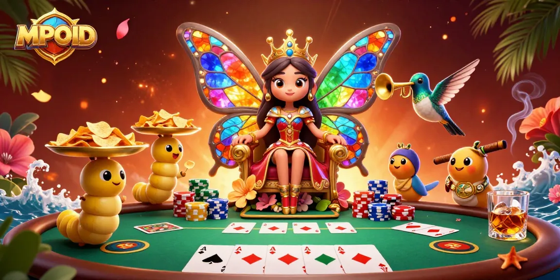 Engage with MPOID's vibrant casino scene featuring a butterfly queen amidst poker chips and cards.