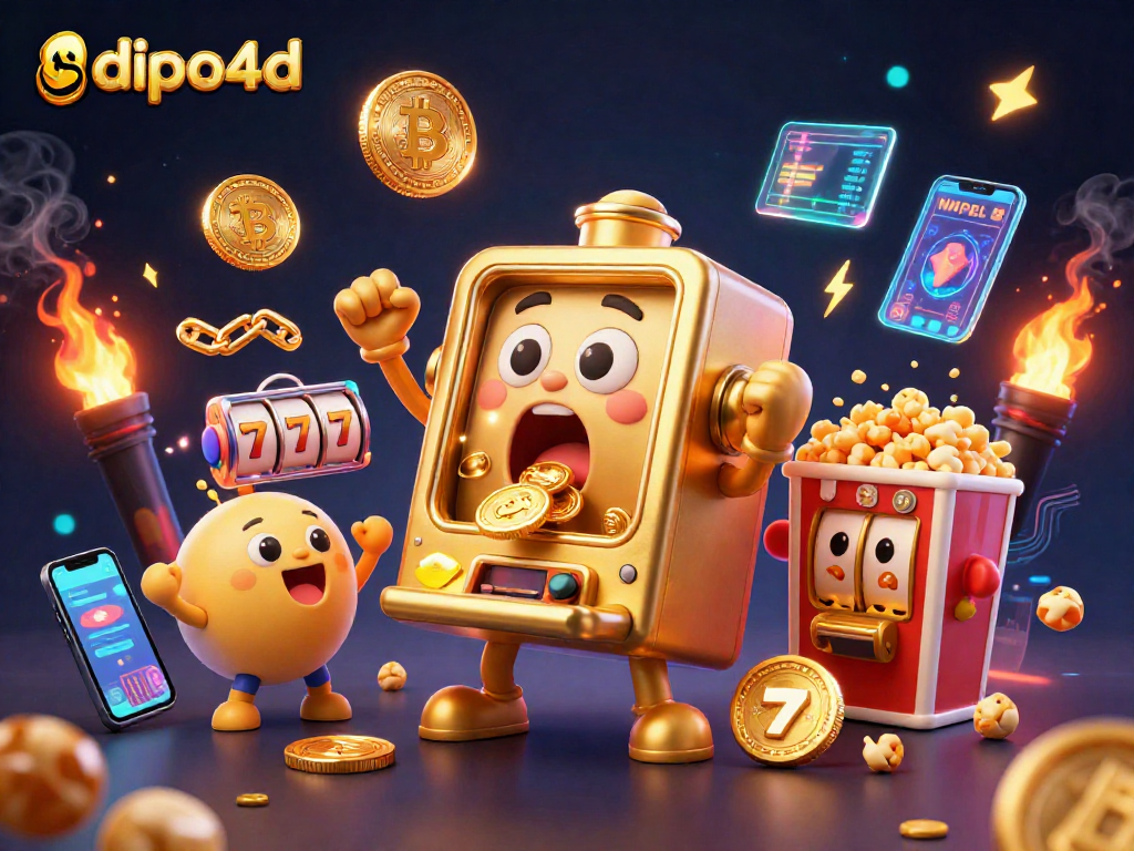 Watch the dipo4d slot machine celebrate a jackpot win, with coins flying and cheering baby slots in a vibrant scene.