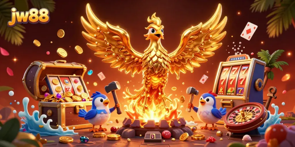 Experience thrilling gameplay with jw88 in a vibrant 3D casino scene featuring a molten golden phoenix.
