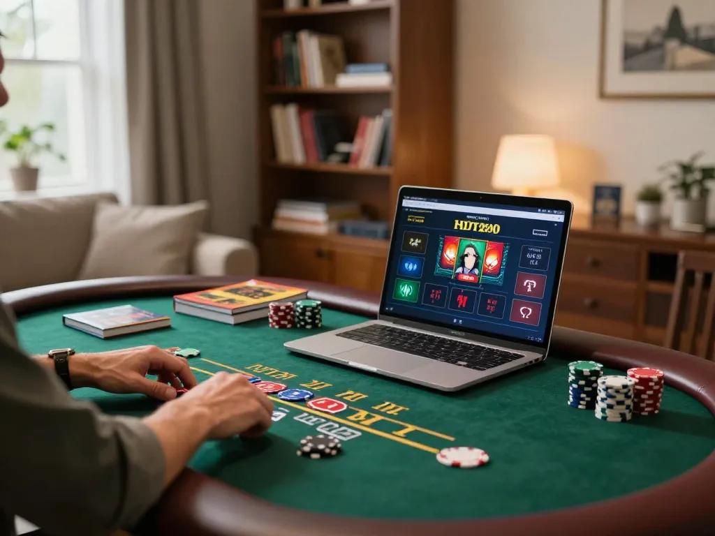 Player enjoying a live dealer blackjack game on laptop at home, showcasing tr88 gaming strategy.