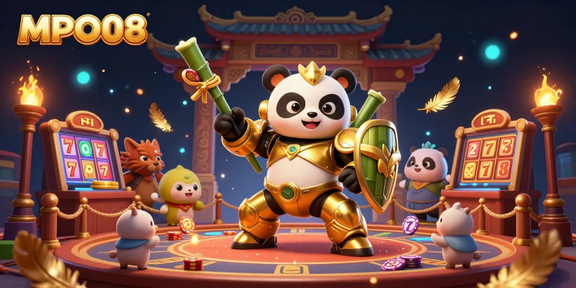MPO08 casino action scene with a golden panda in mech-suit fighting robot, symbolizing vibrant slots and gaming excitement.