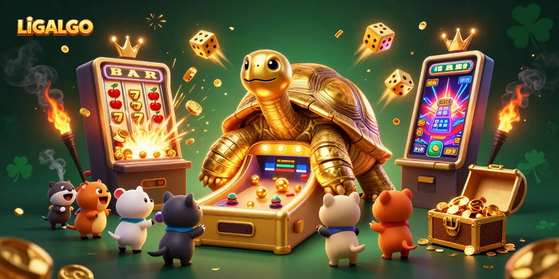 LIGALGO showcases a vibrant 3D cartoon scene with a golden tortoise pinball machine and slot winnings.
