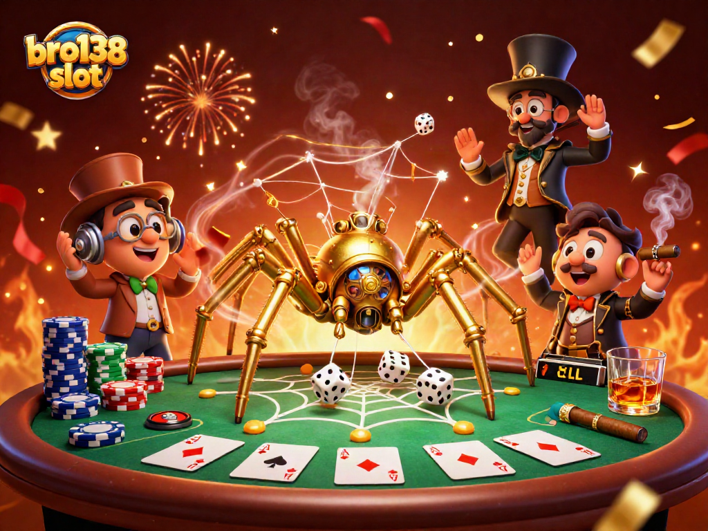 Engaging bro138 slot scene with a steampunk spider and Victorian fly at a poker table.
