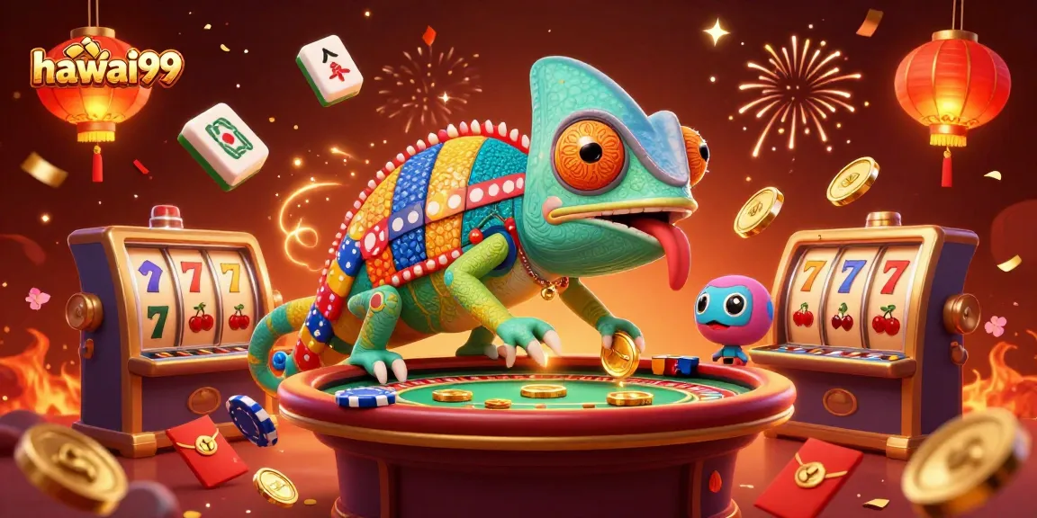Experience dynamic gaming with hawai99 as golden coins rain amidst vibrant casino elements in this lively illustration.
