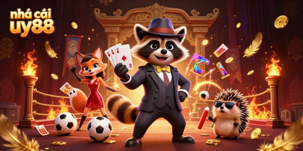Experience excitement with nhà cái uy88 as a suave gentleman raccoon, charming fox lady, and hedgehog bouncer come alive in a dynamic casino setting.