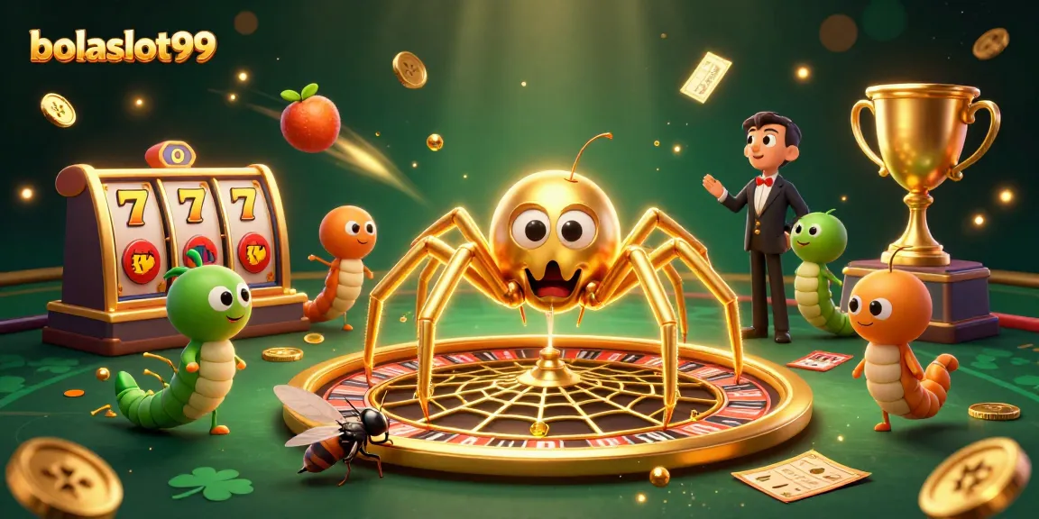 Experience bolaslot99 with an exciting 3D illustration of a golden spider spinning a roulette wheel.