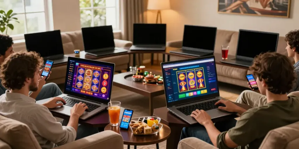 Players enjoying 2up login on various devices in a cozy online casino.
