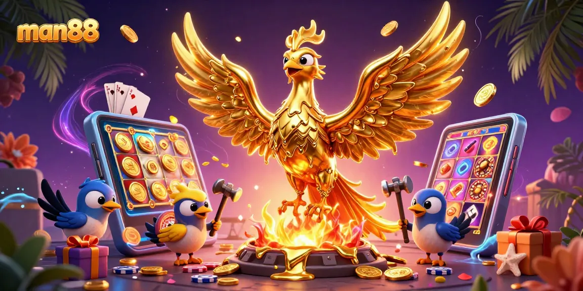 Experience the thrills of gambling at man88 with a phoenix and gold coins amidst game elements.