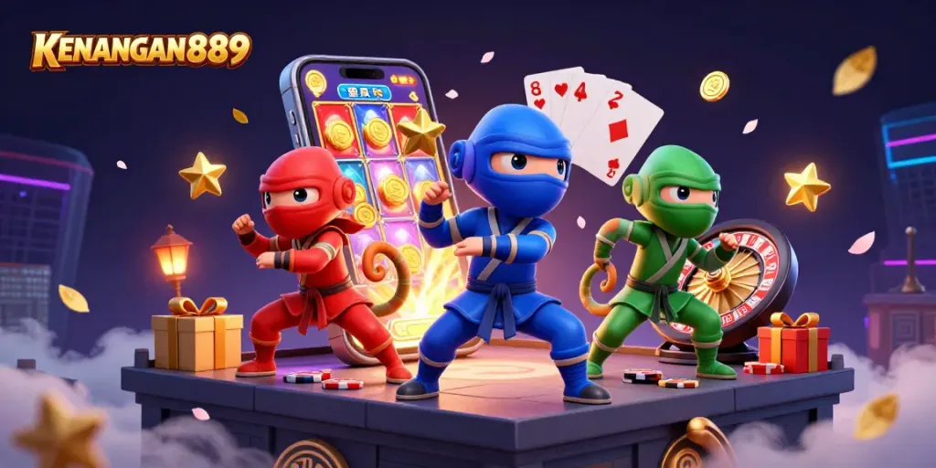Experience KENANGAN889 with a vibrant slot game featuring chameleon ninjas and casino treasures.