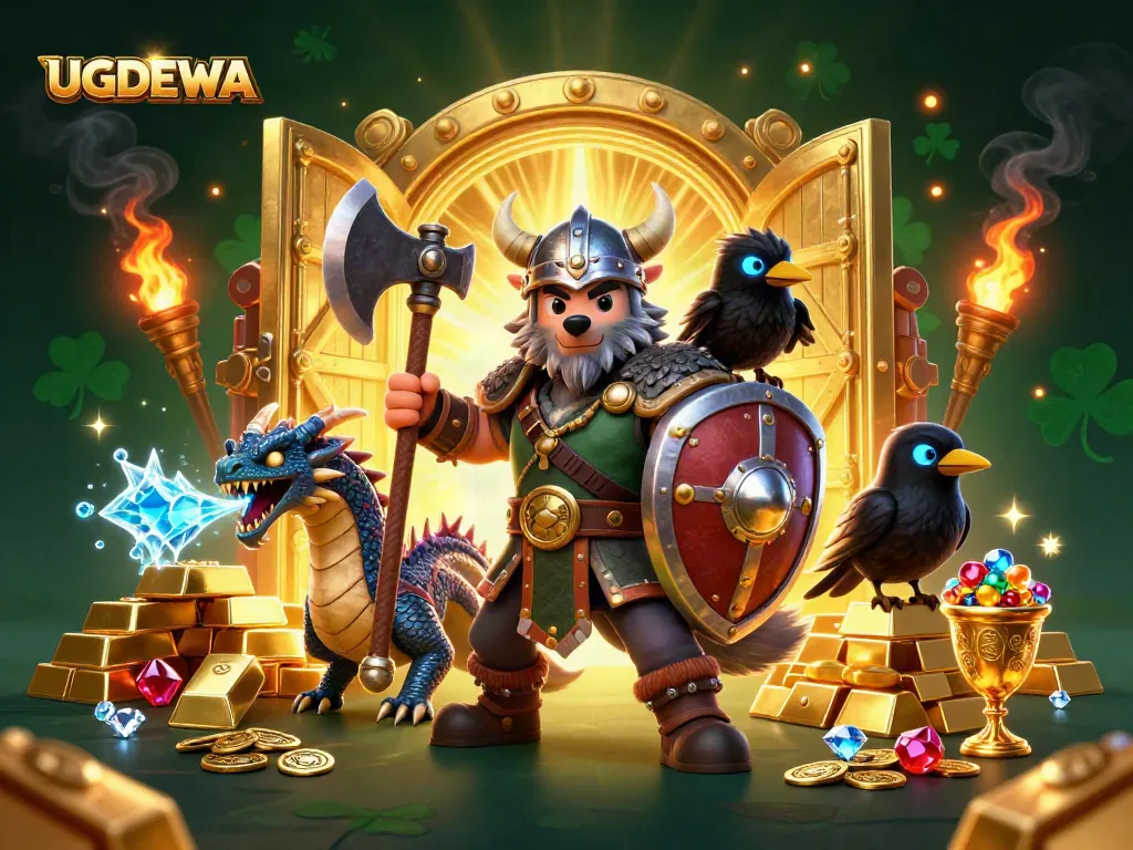 Engage in epic wins with UGDEWA, highlighted by Viking warriors and treasure amidst dynamic casino action.