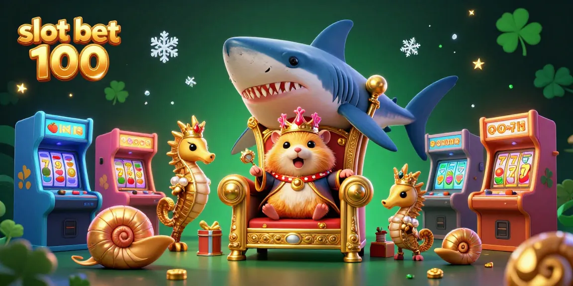 Slot bet 100, raja hamster emas di takhta gigi megalodon dan mesin slot berwarna cerah.
