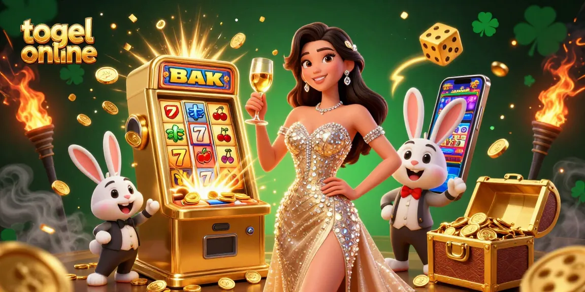 Experience the thrill of togel online with a lady toasting next to a jackpot slot machine exploding with coins.