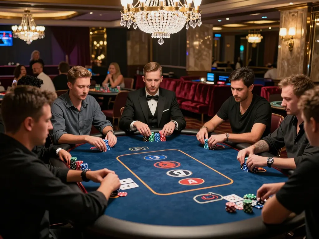 Players engaging in strategic gameplay at a fabet poker table, vibrant colors and luxury casino backdrop.