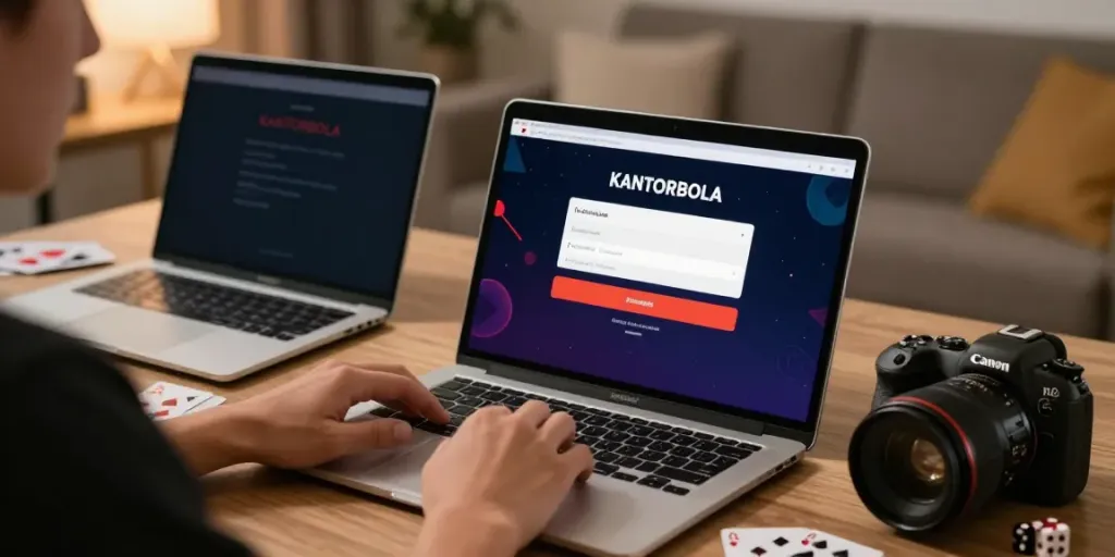 KANTORBOLA login interface displayed on a laptop in a cozy gaming setup.