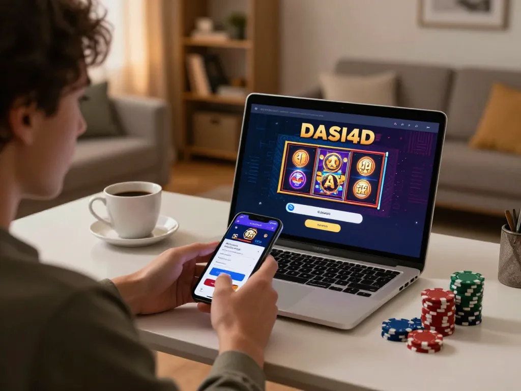 Sesi login DASI4D di ponsel, menampilkan seorang pemain yang terlibat dalam permainan slot online dari lingkungan rumah yang nyaman.
