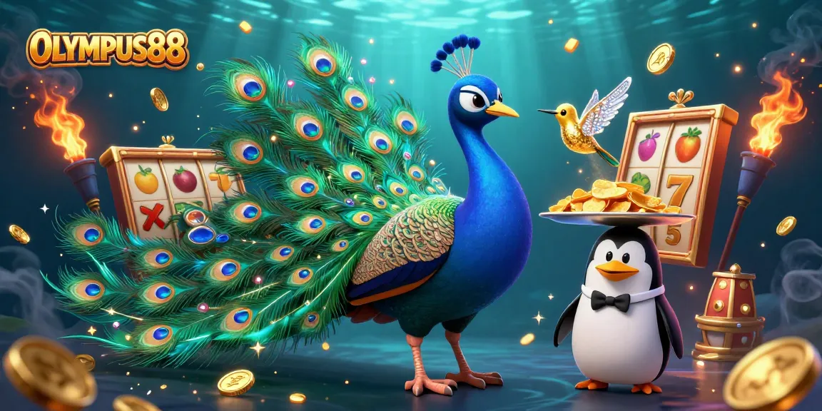 OLYMPUS88 menampilkan ilustrasi kasino dengan burung merak, penguin pelayan, dan kolibri mengelilingi simbol slot beruntung.