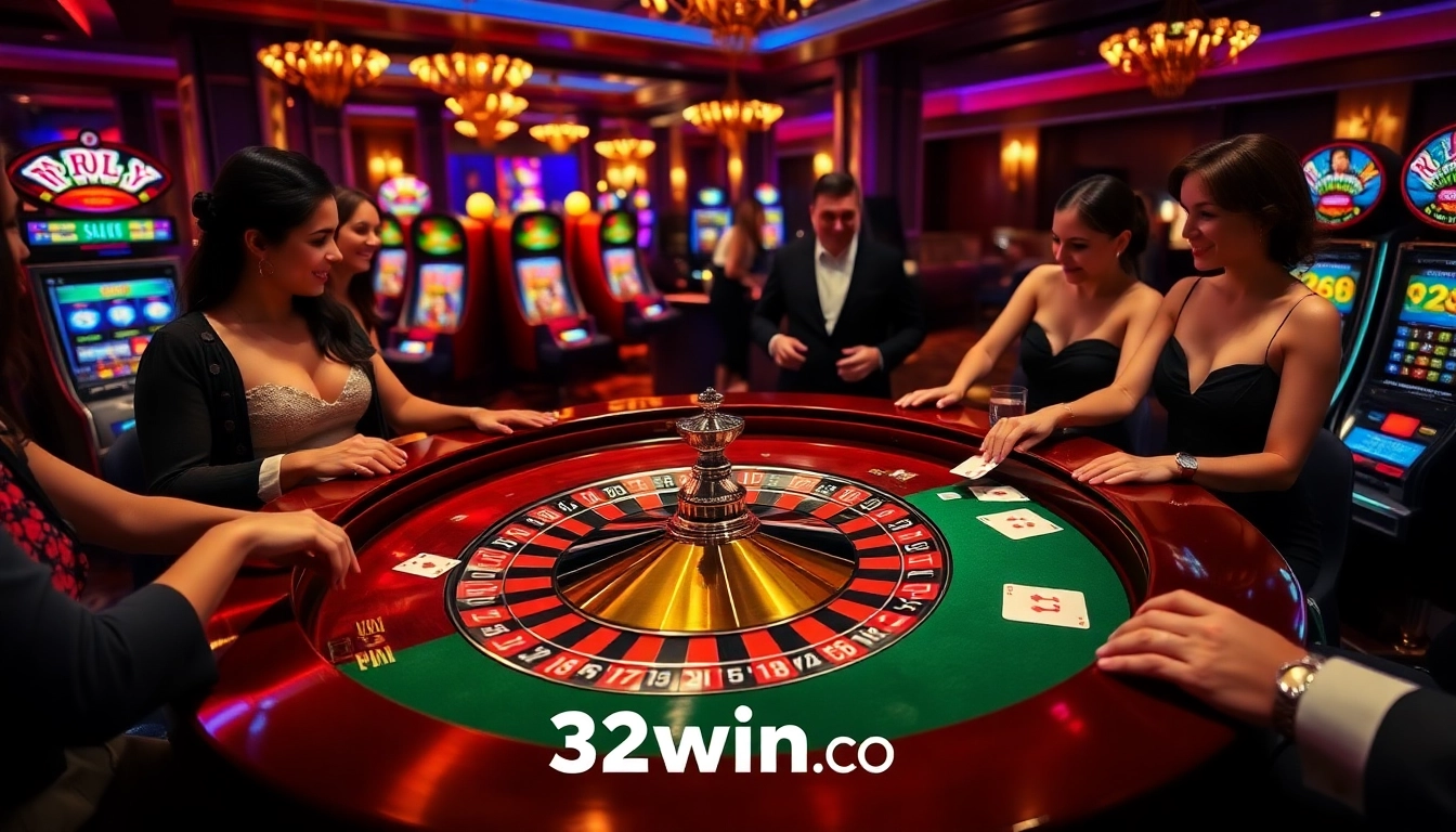 Experience the excitement of betting at 32win.com with vibrant casino elements and roulette wheels.
