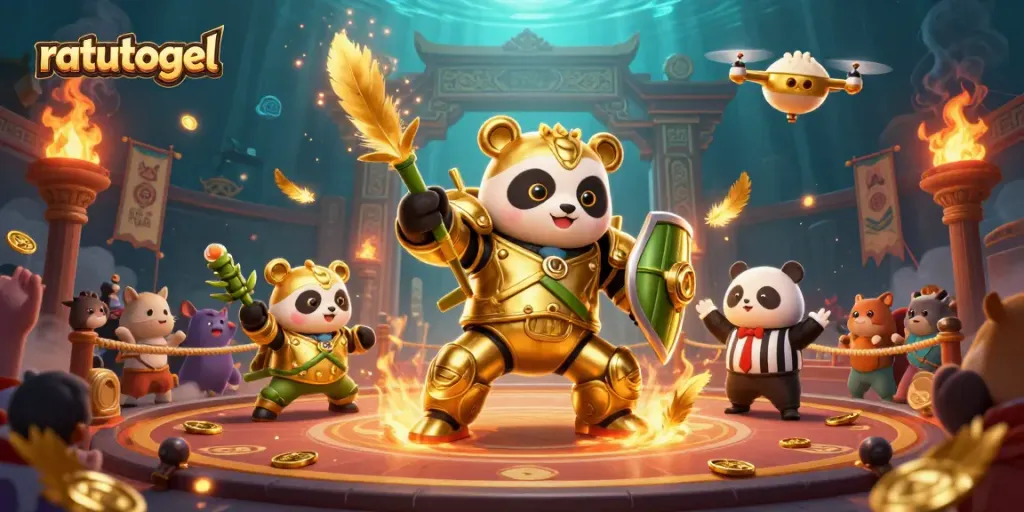 Experience the thrill of ratutogel with a dynamic arena featuring golden panda and animated elements.