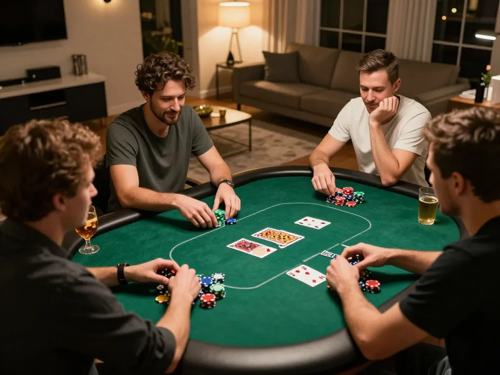 Pemain HOKI368 yang menyusun strategi di atas chip poker selama malam permainan di rumah yang mendebarkan