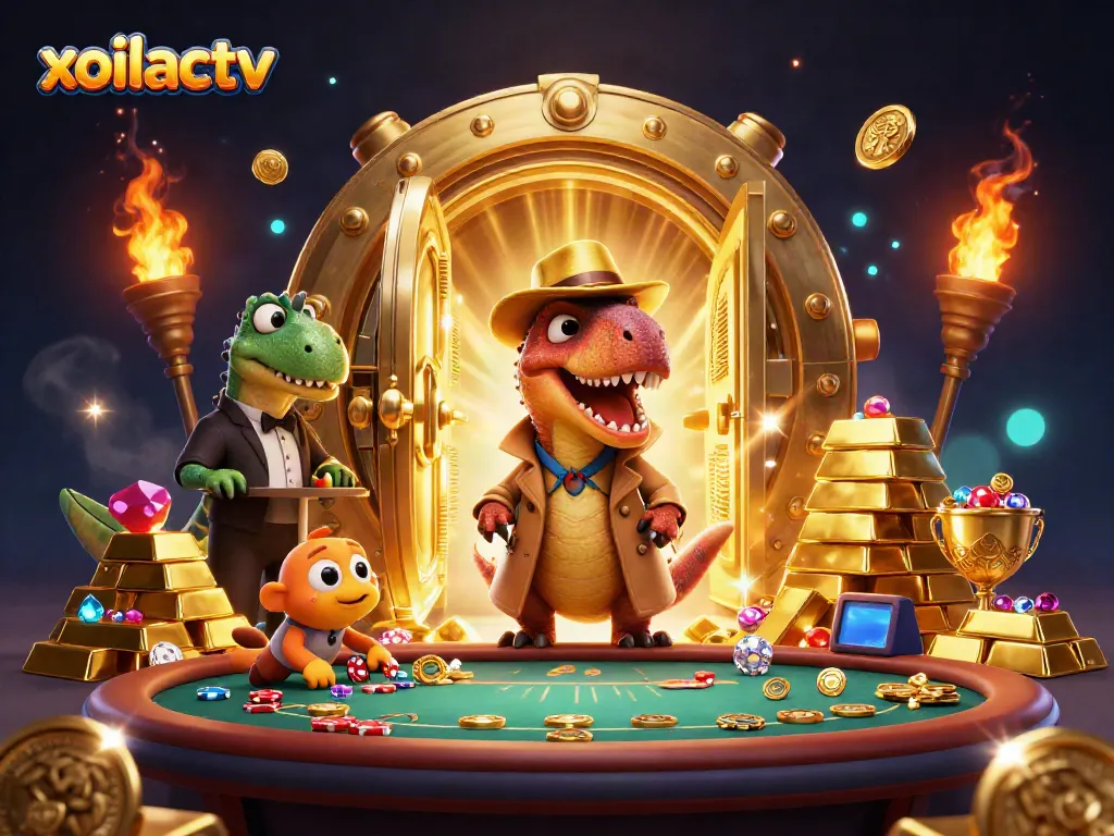 Experience the engaging gameplay of xoilactv with cartoon dinosaurs at a blackjack table in a vibrant casino.