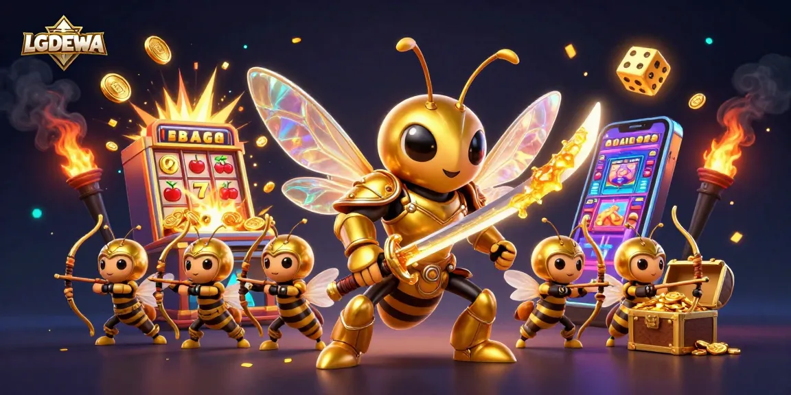 Experience thrilling slots with LGODEWA as golden hornets battle amidst shimmering jackpots and colorful casino elements